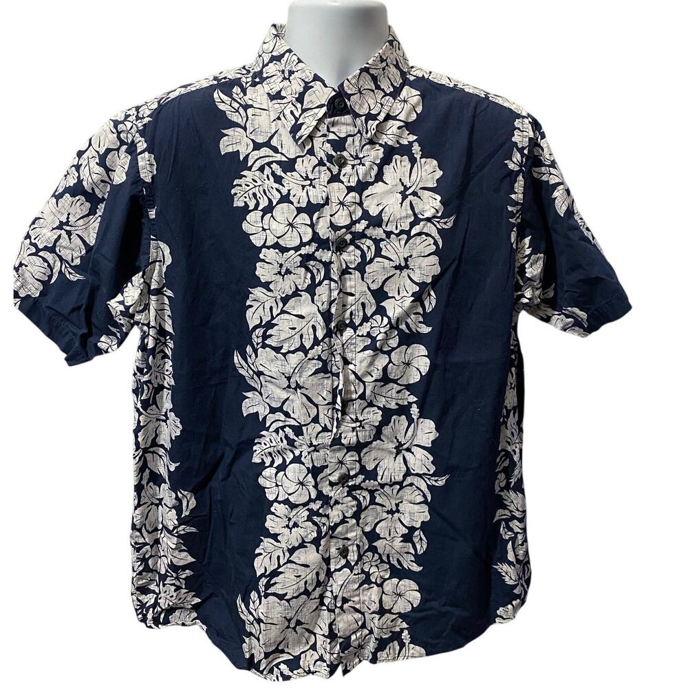 VINTAGE Pineapple Connection Hawaii Floral Blue & White Button Up Shirt